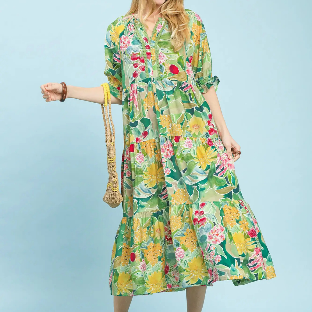 fitted lace wedding dress Doen Long Sleeve Ruffled Maxi Dress Light Yellow Floral Print Crepe Si –  Celebrity Owned main image 0