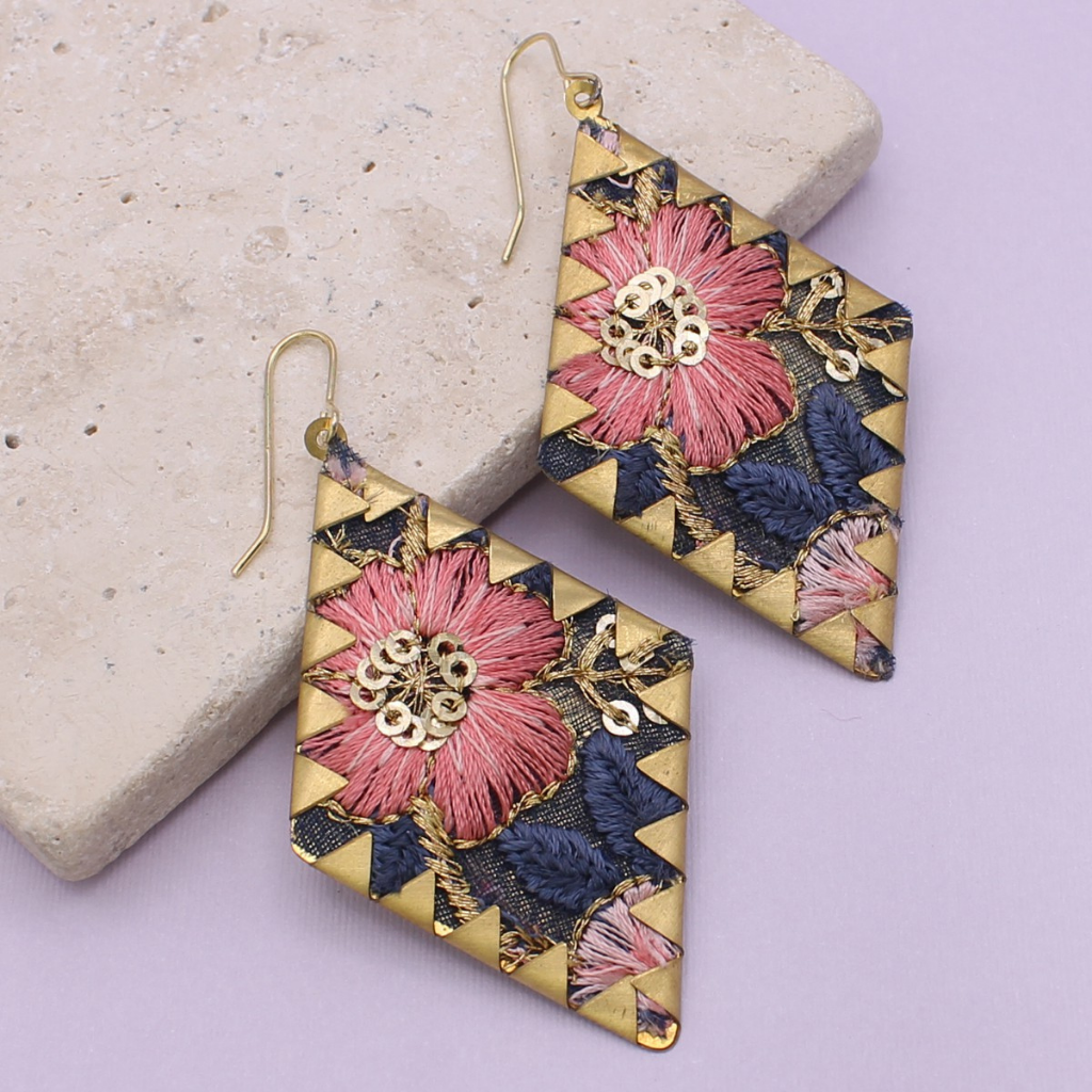 blue embroidered diamond earrings