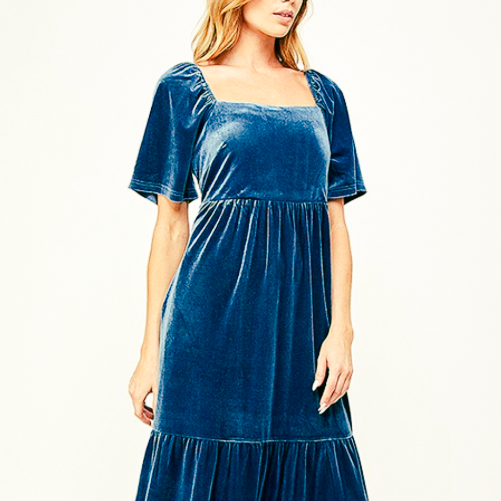 the eliza velvet dress in blue