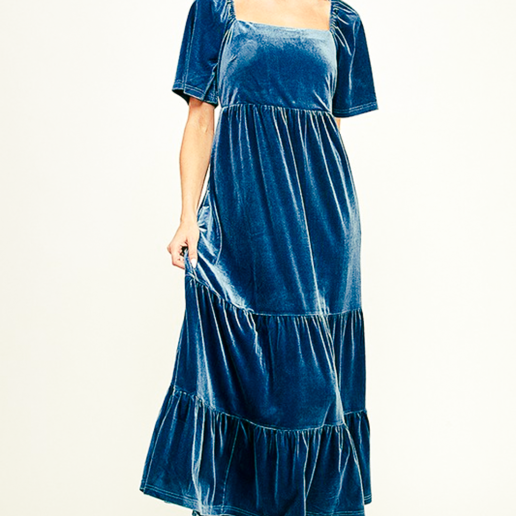 the eliza velvet dress in blue